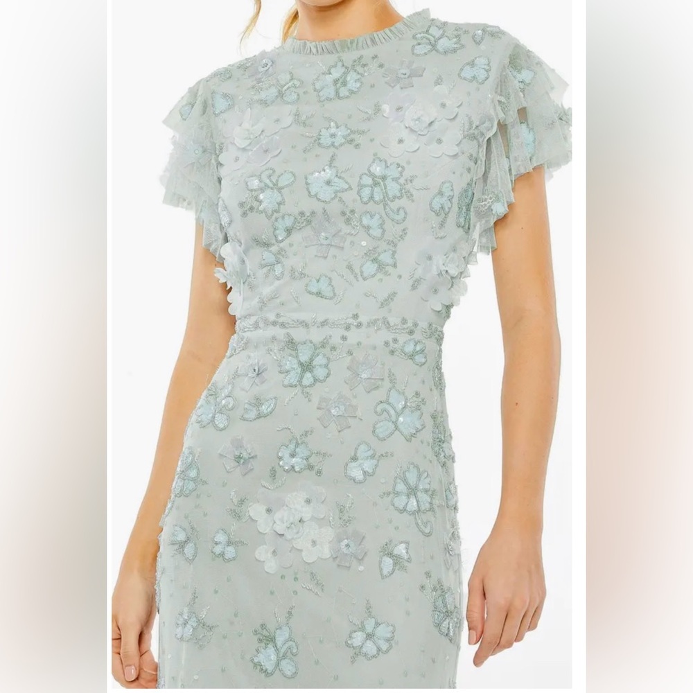 Mac Duggal Women’s Floral Embellished Flutter Sleeve Gown Size 2 Light Mint - Picture 4 of 9